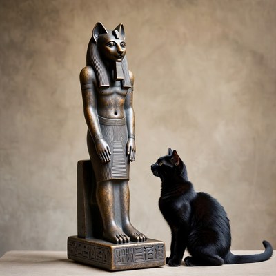 Black Cat Beside Bastet Statue