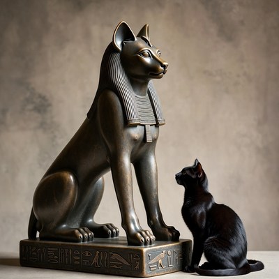 Black Cat Beside Egyptian Bastet Statue