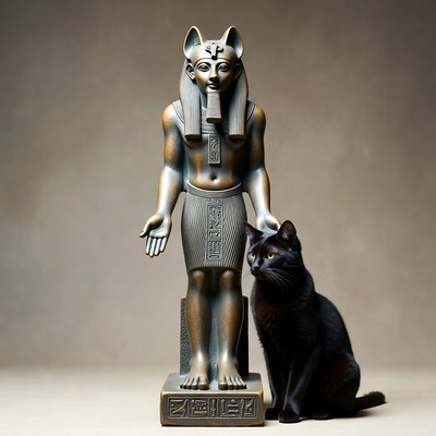 Anubis Statue with Black Cat