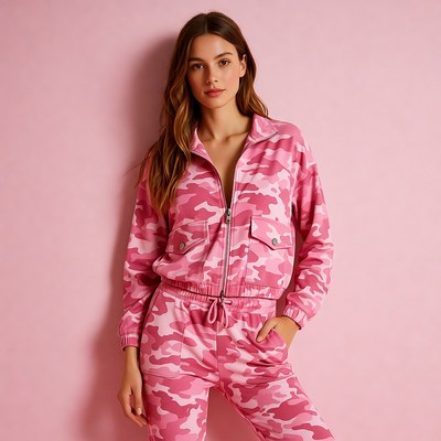 Woman in pink camouflage tracksuit