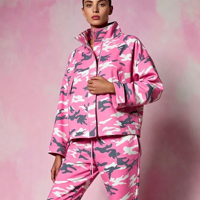 Woman in pink camouflage jacket
