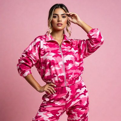 Woman in pink camouflage tracksuit