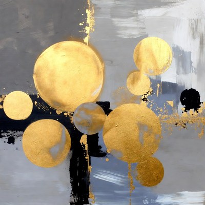 Gold circles on gray abstract painting