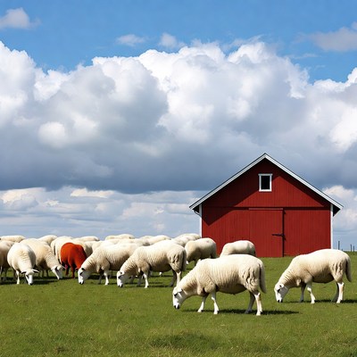 Sheep grazing near red barn
