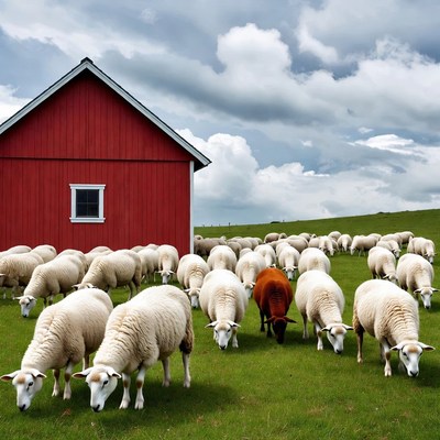 Red barn with white sheep and brown sheep