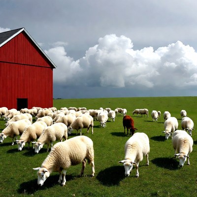 Sheep grazing near red barn
