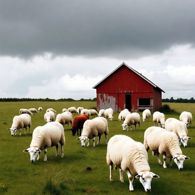 Sheep grazing near red barn