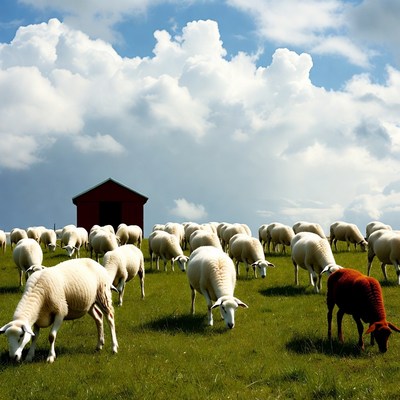 Sheep grazing near red barn