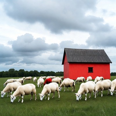 Sheep grazing near red barn
