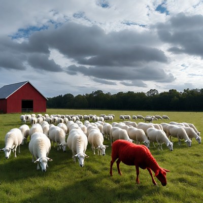 Red Sheep Among White Flock in Pasture