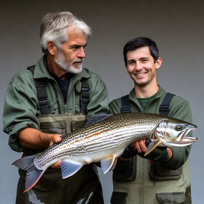 Two men holding large trout fish