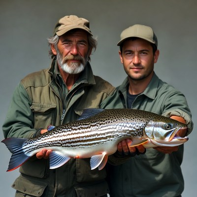 Men holding large trout fish