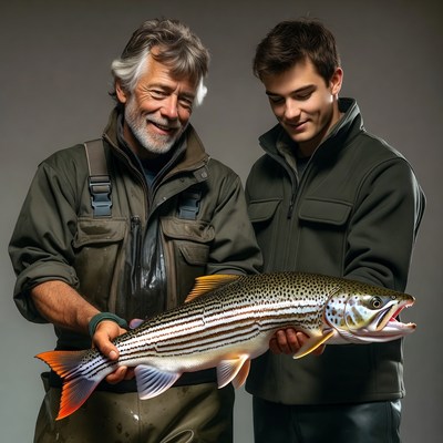 Father and son holding trout fish