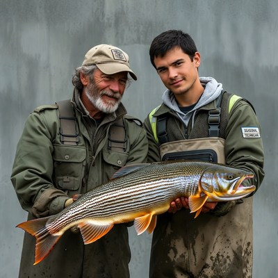 Father and son holding large grayling fish
