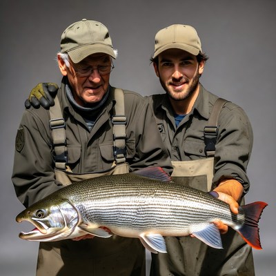 Father and son holding large striped bass