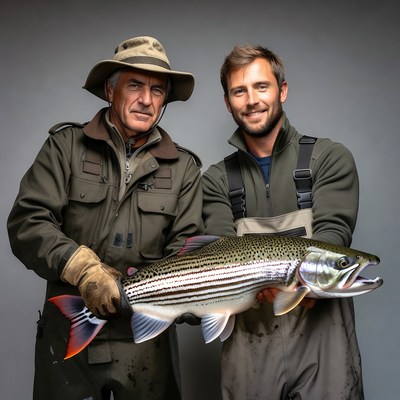 Two men holding large rainbow trout