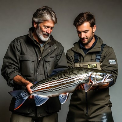 Two men holding large trout fish
