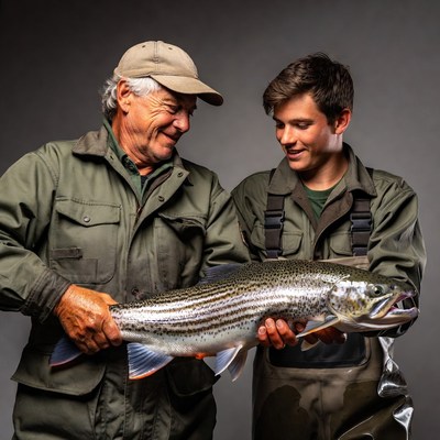 Grandfather and grandson holding large trout