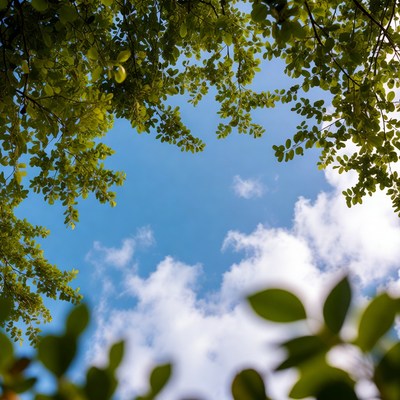 Green tree branches framing blue sky
