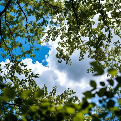 Green tree branches framing blue sky