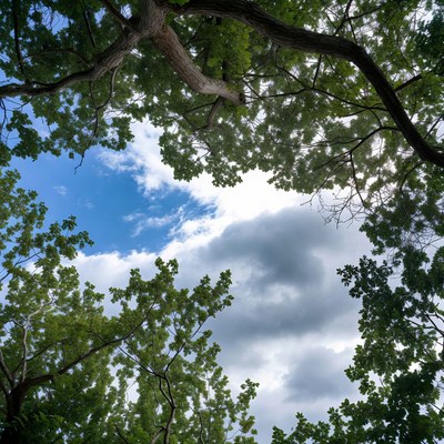 Tree canopy with blue sky and clouds