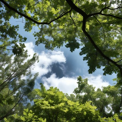 Green tree canopy with blue sky