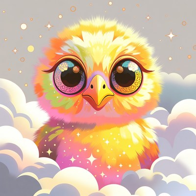Cute fluffy chick on clouds