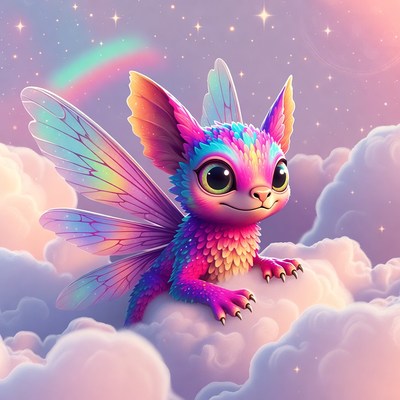 Cute winged fairy creature on clouds