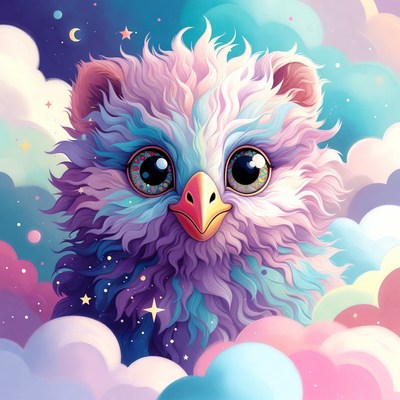 Fluffy Colorful Owl in Stars and Clouds