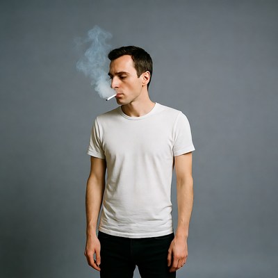 Man smoking cigarette on gray background