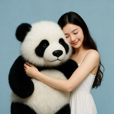 Asian woman hugging giant panda plush