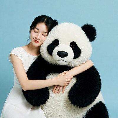 Asian woman hugging giant panda teddy bear