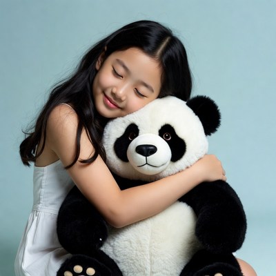 Asian girl hugging panda teddy bear