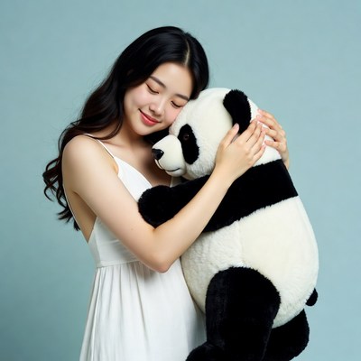 Asian woman hugging giant panda plush