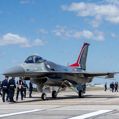 Norwegian F-16 fighter jet with ground crew