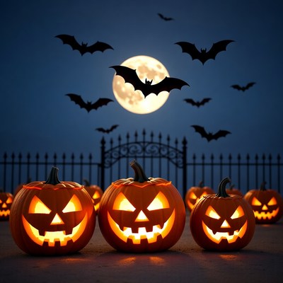 Jack-o'-lanterns with bats and full moon