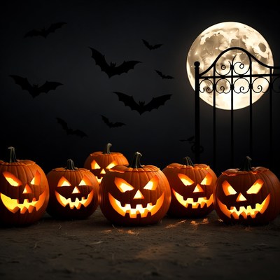 Jack-o'-lanterns with bats and moon