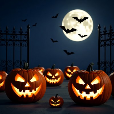 Jack-o-lanterns and bats at haunted gate