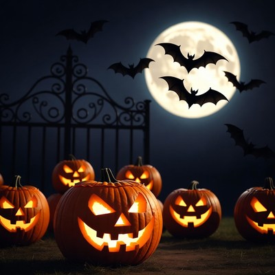 Jack-o-lanterns with bats and moon