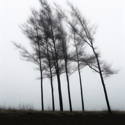 Wind-swept casuarina trees in fog