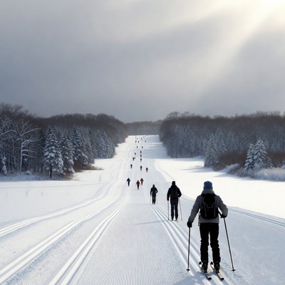 Cross-country skiers on snowy trail