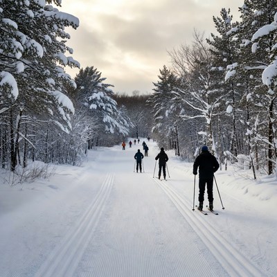 Cross-country skiers on snowy forest trail