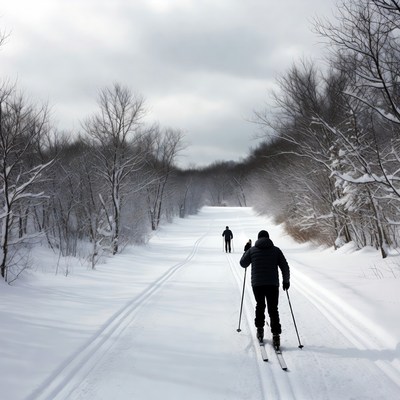 Cross-country skiers on snowy trail