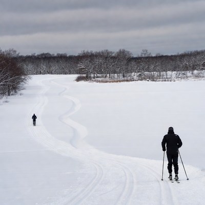 Two men cross-country skiing snowy trail