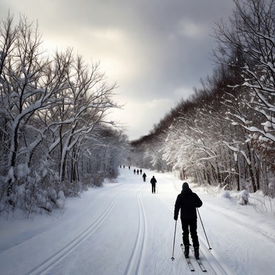 Cross-country skier on snowy trail