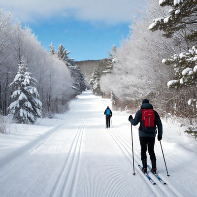 Cross-country skiers on snowy trail
