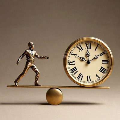 Man balancing on clock scale