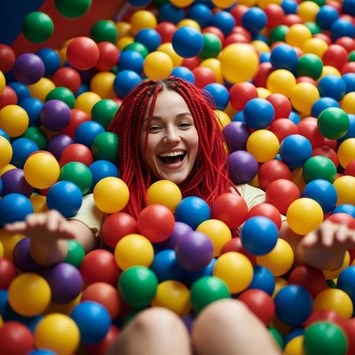 Woman laughing in colorful ball pit