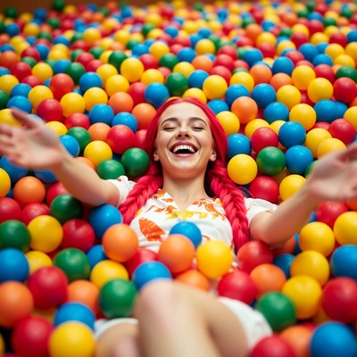 Woman with pink braids in colorful ball pit