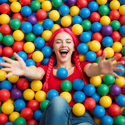 Woman with pink hair in ball pit